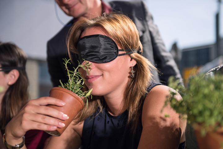 Eine junge Frau mit Augenbinde riecht an einer Rosmarin Pflanze.