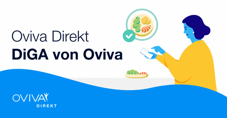 Farbgrafik: Eine Frau mit leichtem Übergewicht scannt ihre Mahlzeit mit Hilfe der Oviva Direkt App
